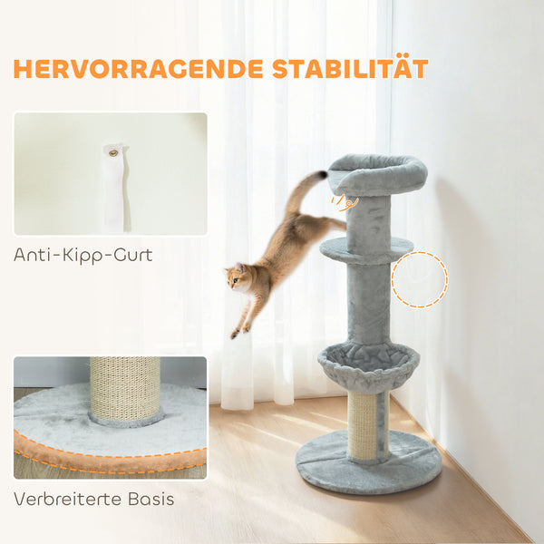 Katzenkratzbaum mehrstufig mit Sisal und Spielball hellgrau