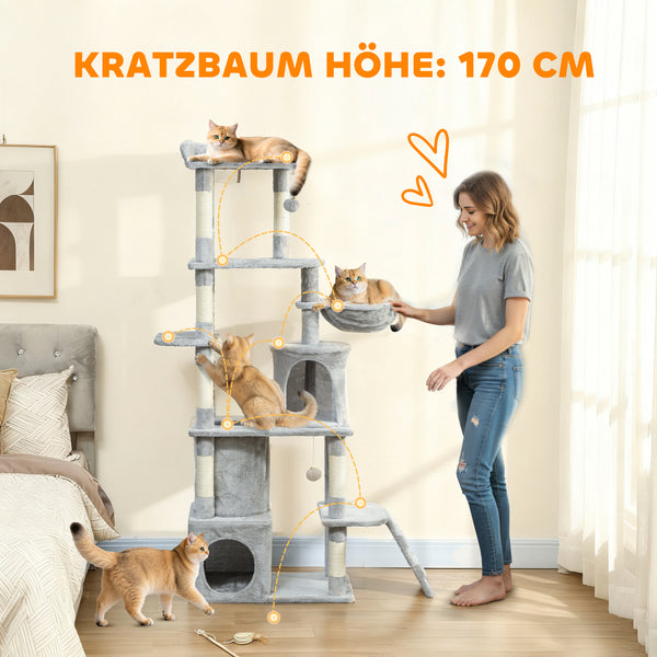 Katzenkratzbaum gross mit Tunnel und Höhle Sisal hellgrau