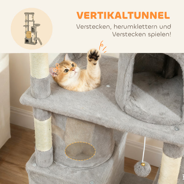 Katzenkratzbaum gross mit Tunnel und Höhle Sisal hellgrau