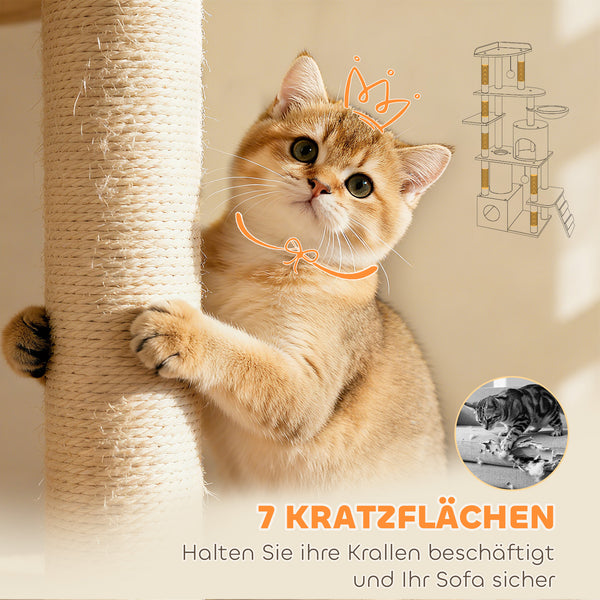 Katzenkratzbaum gross mit Tunnel und Höhle Sisal hellgrau