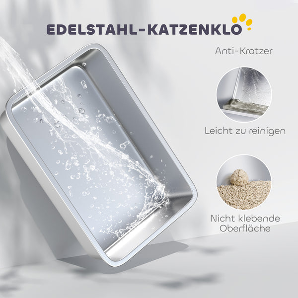 Katzentoilette gross mit Schaufel aus Edelstahl hellgrau