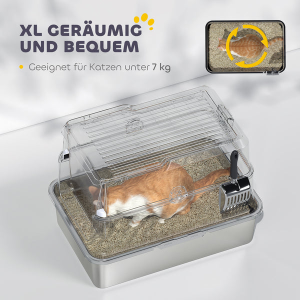 Katzentoilette gross mit Schaufel aus Edelstahl hellgrau