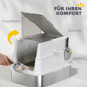 Katzentoilette gross mit Schaufel aus Edelstahl hellgrau