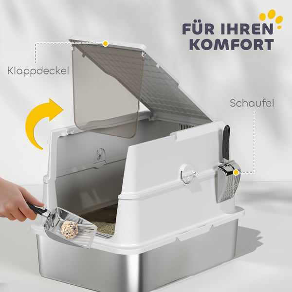 Katzentoilette gross mit Schaufel aus Edelstahl hellgrau