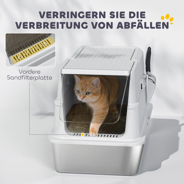 Katzentoilette gross mit Schaufel aus Edelstahl hellgrau