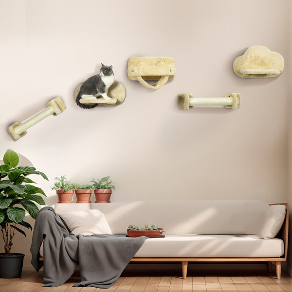 Katzentreppen Kletterwand 5-teilig Wolkenform mit Hängematte Beige