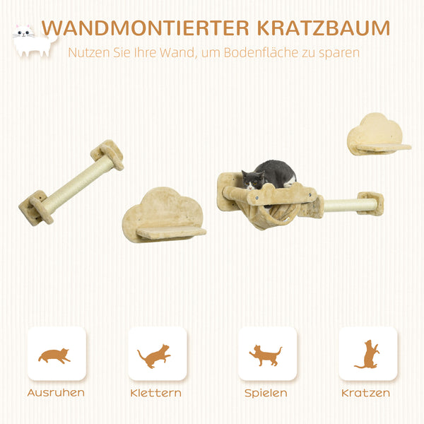 Katzentreppen Kletterwand 5-teilig Wolkenform mit Hängematte Beige