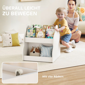 Kinder Bücherregal mit Rollen 2-stöckig für Kinderzimmer weiss
