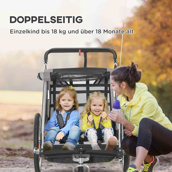 Kinderanhänger 2-in-1 klappbar für 2 Kinder bis 264kg belastbar Grau