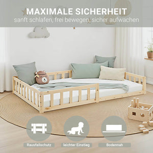 Kinderbett 120x200 Natur | Bodenbett mit Matratze & Lattenrost | mit Rausfallschutz | Montessori