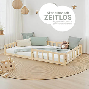 Kinderbett 120x200 Natur | Bodenbett mit Matratze & Lattenrost | mit Rausfallschutz | Montessori