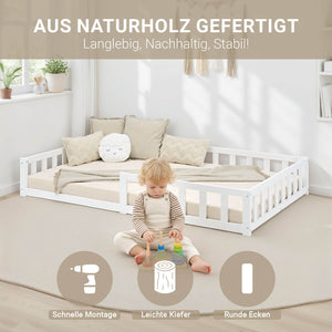 Kinderbett 120x200 Weiss | Bodenbett mit Lattenrost | mit Rausfallschutz | Montessori