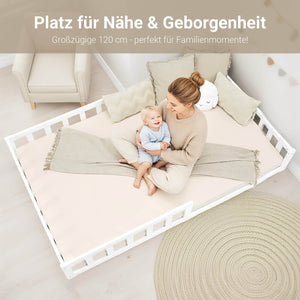 Kinderbett 120x200 Weiss | Bodenbett mit Lattenrost | mit Rausfallschutz | Montessori