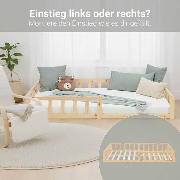 Kinderbett 120x200 Natur | Bodenbett mit Lattenrost | mit Rausfallschutz | Montessori