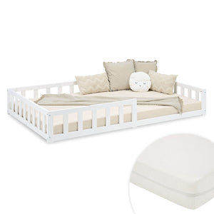 Kinderbett 120x200 Weiß | Bodenbett mit Matratze & Lattenrost | mit Rausfallschutz | Montessori