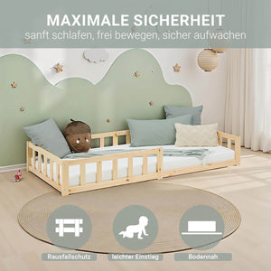 Kinderbett 90x200 Natur | Bodenbett mit Lattenrost | mit Rausfallschutz | Montessori