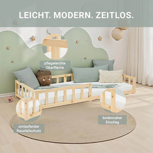 Kinderbett 90x200 Natur | Bodenbett mit Matratze & Lattenrost | mit Rausfallschutz | Montessori