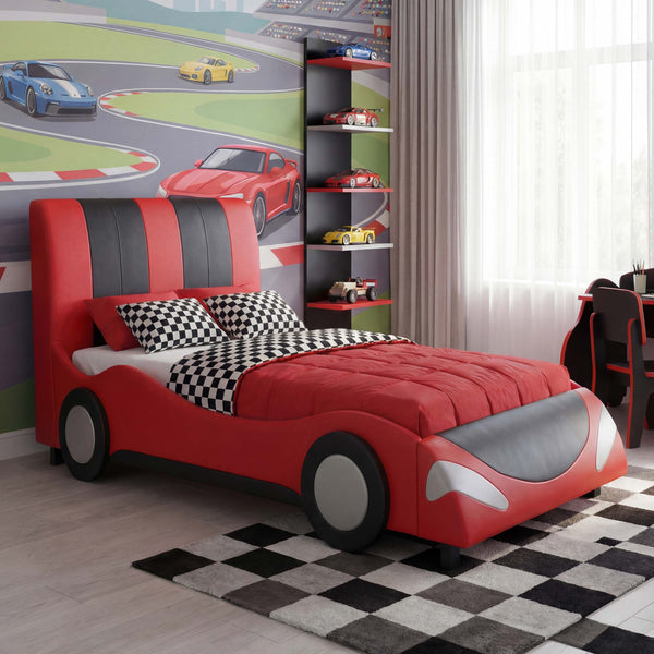 Kinderbett Auto Holz Kunstleder Lattenrost 190x100cm schwarz-rot