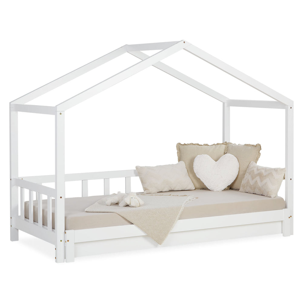 Kinderbett Hausbett 90x200cm ausziehbar zum Doppelbett mit Lattenrost Weiss