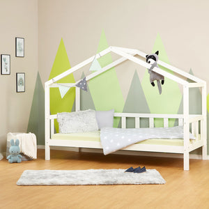 Kinderbett Hausbett 90x200cm mit Lattenrost Massivholz Weiss