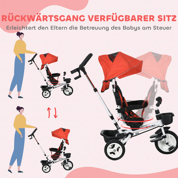 Kinderdreirad mit Schiebestange Dach Gurt und Korb ab 18 Monate rot