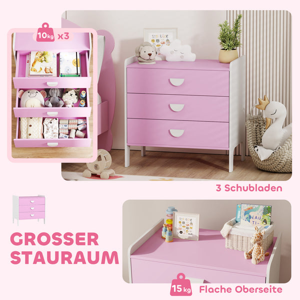 Kinderkommode mit 3 Schubladen für Mädchenzimmer rosa weiss