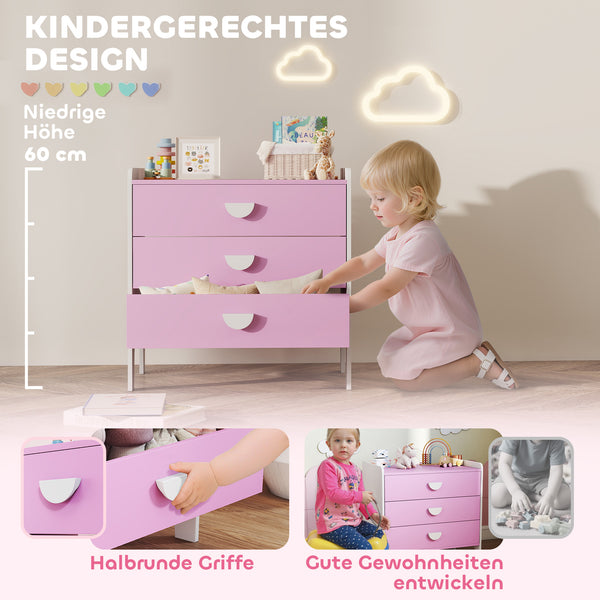 Kinderkommode mit 3 Schubladen für Mädchenzimmer rosa weiss