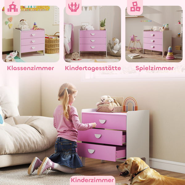 Kinderkommode mit 3 Schubladen für Mädchenzimmer rosa weiss