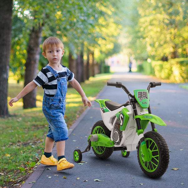 Kindermotorrad Elektro mit Stützrädern ab 3 Jahren grün-weiss