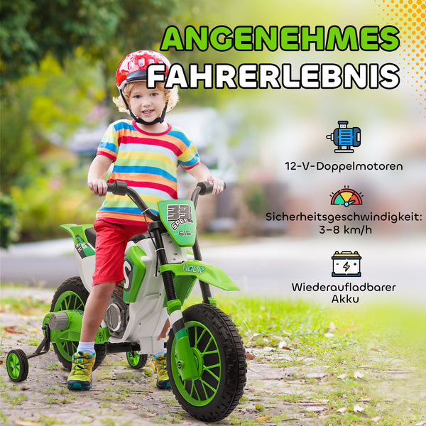 Kindermotorrad Elektro mit Stützrädern ab 3 Jahren grün-weiss