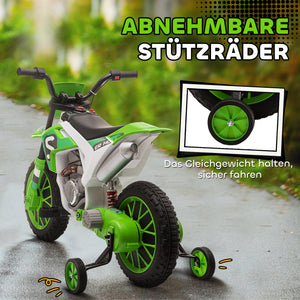 Kindermotorrad Elektro mit Stützrädern ab 3 Jahren grün-weiss