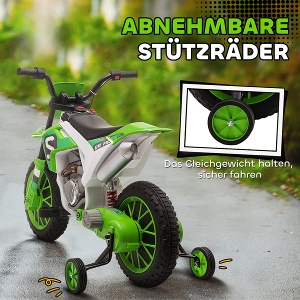 Kindermotorrad Elektro mit Stützrädern ab 3 Jahren grün-weiss