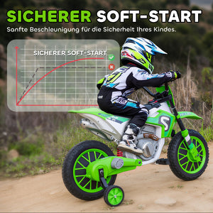 Kindermotorrad Elektro mit Stützrädern ab 3 Jahren grün-weiss