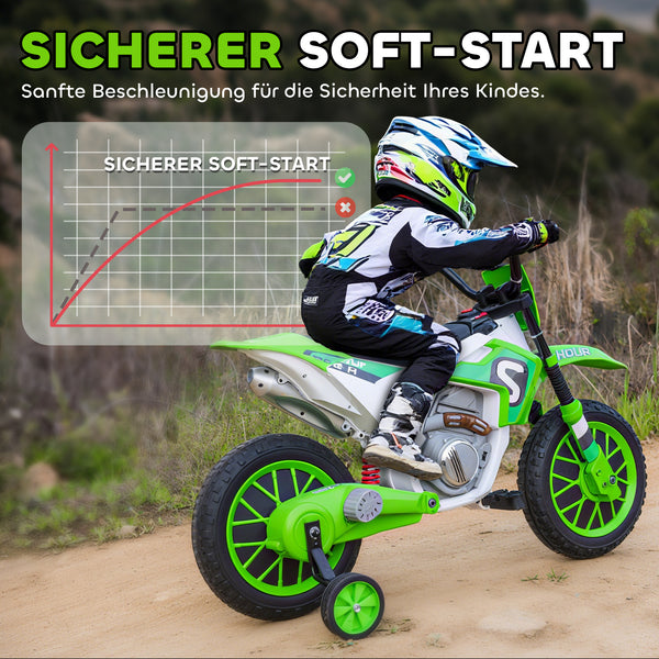 Kindermotorrad Elektro mit Stützrädern ab 3 Jahren grün-weiss