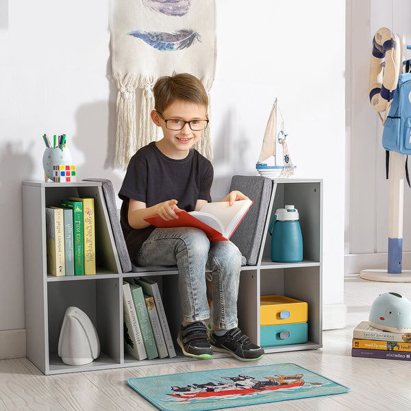 Kinderregal mit Sitzbank Polster und Aufbewahrung für Kinder weiss grau
