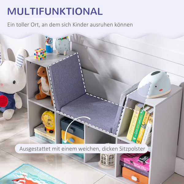 Kinderregal mit Sitzbank Polster und Aufbewahrung für Kinder weiss grau
