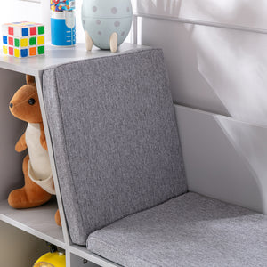 Kinderregal mit Sitzbank Polster und Aufbewahrung für Kinder weiss grau