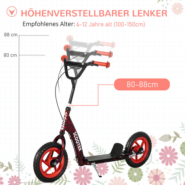 Kinderroller höhenverstellbar mit Bremse Ständer und 2 Rädern rot