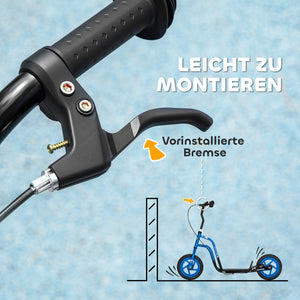 Kinderroller höhenverstellbar mit grossen Rädern und Handbremse blau