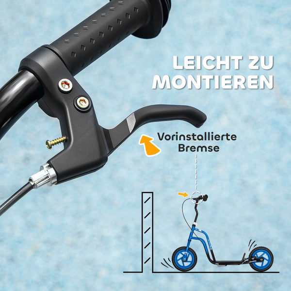 Kinderroller höhenverstellbar mit grossen Rädern und Handbremse blau