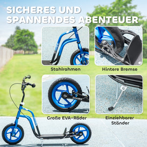 Kinderroller höhenverstellbar mit grossen Rädern und Handbremse blau