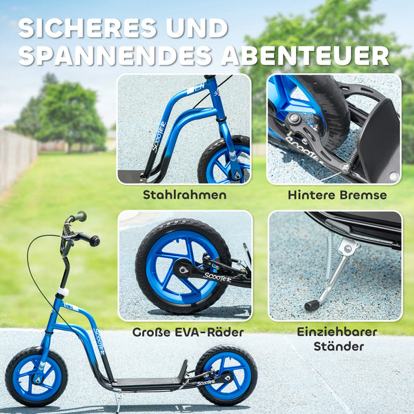 Kinderroller höhenverstellbar mit grossen Rädern und Handbremse blau