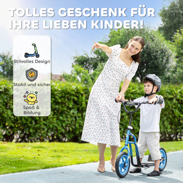 Kinderroller höhenverstellbar mit grossen Rädern und Handbremse blau