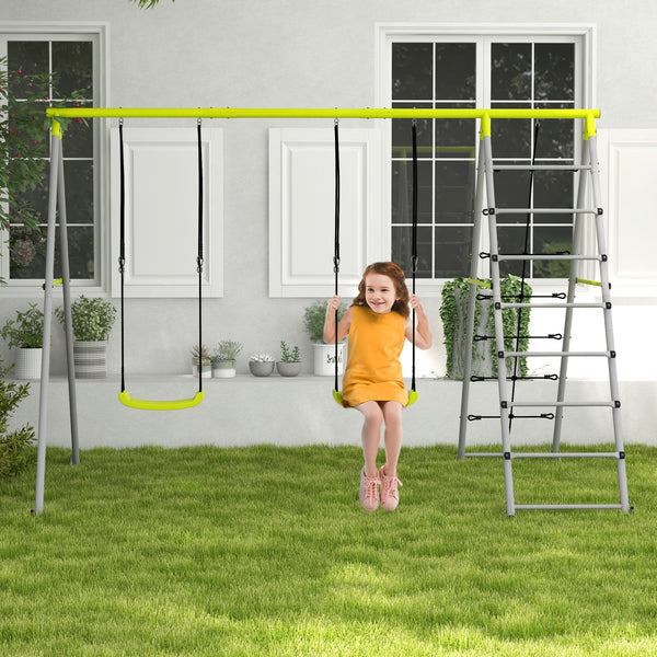 Kinderschaukel Schaukelset 2-in-1 Stahl mit Kletternetz Grün