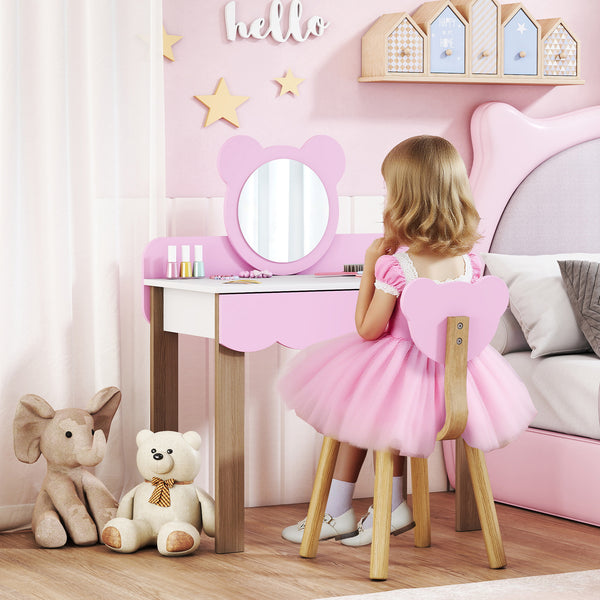 Kinderschminktisch mit Hocker Spiegel und Schublade rosa