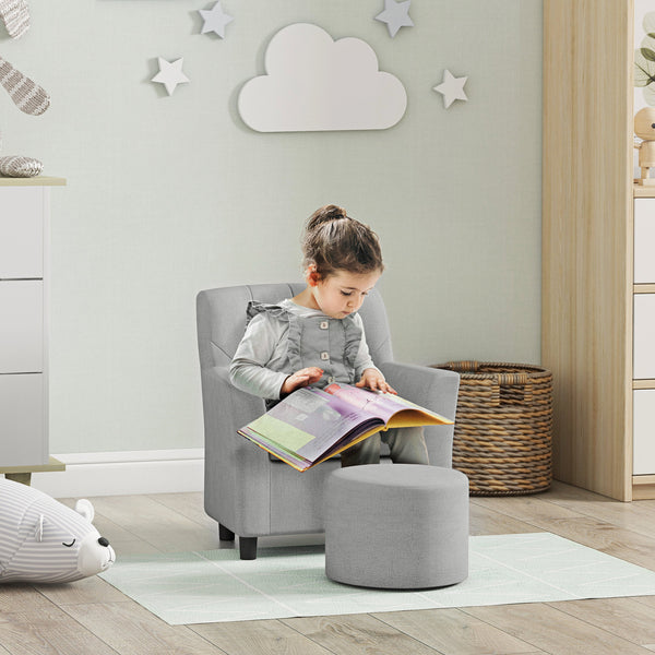 Kindersessel gepolstert gemütlich mit Hocker für Kinder grau