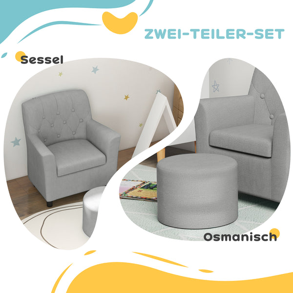 Kindersessel gepolstert gemütlich mit Hocker für Kinder grau