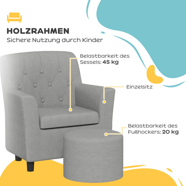 Kindersessel gepolstert gemütlich mit Hocker für Kinder grau