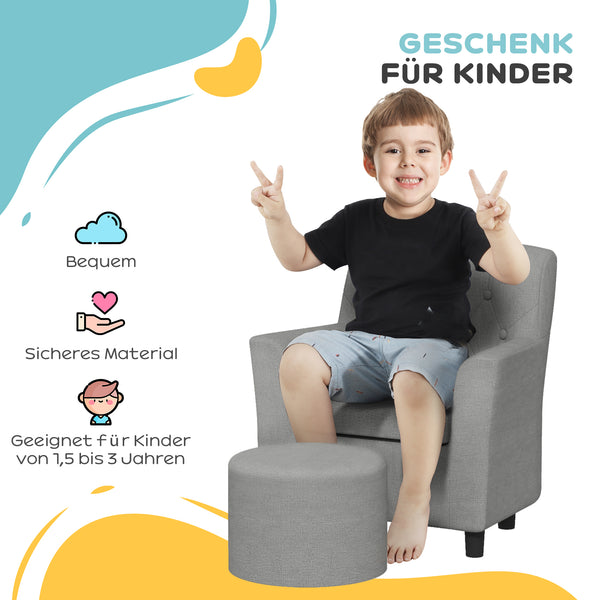 Kindersessel gepolstert gemütlich mit Hocker für Kinder grau
