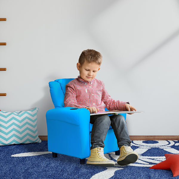 Kindersessel mit verstellbarer Rückenlehne und Holzrahmen blau